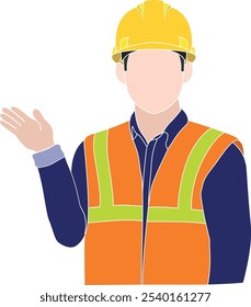 Young man construction worker wearing yellow hard hat and safety vest. Labor character flat Vector illustration isolated on transparent background