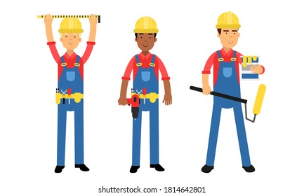 Young Man Constructor in Yellow Hard Hat and Blue Overall Holding Paint Roller and Measurement Tool Vector Illustration Set
