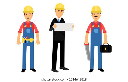 Young Man Constructor in Yellow Hard Hat and Blue Overall Holding Saw and Other Tools Vector Illustration Set