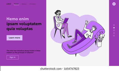 Young man consulting psychologist. Patient resting in couch and speaking, psychiatrist writing notes. Vector illustration for counseling, psychology, psychological help concept