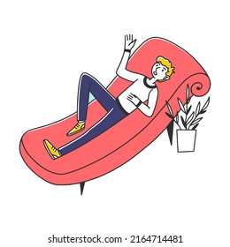 Young man consulting psychologist. Patient resting in couch and speaking, psychiatrist writing notes. Vector illustration psychological help concept