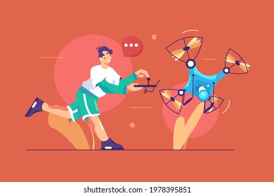 Young man control modern drone vector illustration. Remote aerial drone device taking pictures and video flat style. Fun, innovative technologies, development concept. Isolated on red background