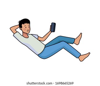 young man with control remote tv vector illustration design