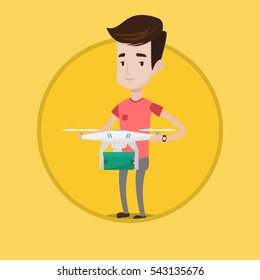 Joven controlando el dron de entrega con paquete. Hombre recibiendo paquetes de un dron de entrega. Hombre enviando paquete con drone de entrega. Ilustración de diseño plana vectorial en el círculo aislado en el fondo.