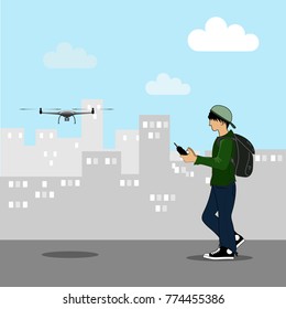 Young man controlling drone vector