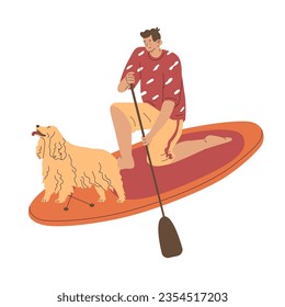 Un hombre joven controla un trago con un remo. Camina por el agua con un perro. recreación activa. Verano divertido. Ilustración vectorial al estilo de las caricaturas. Aislado sobre fondo blanco.