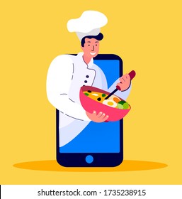 Young Man Cook Cooking Soup Food Dish Online.Internet Restaurant.Smartphone Application Menu.Dinner Catering Service.Lunch Meal. Home Delivery,Quarantine.Digital Technologies. Flat Vector Illustration