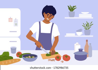 Young Man Cook Healthy Food At Home. Smiling Guy In Apron Preparing Homemade Meals In Small Kitchen. Father Cooking Dinner Cutting Ingredients For Vegetable Salad. Junior Chef Work Vector Illustration