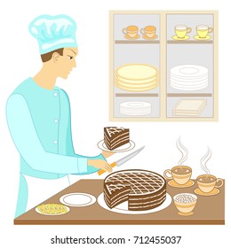 A young man cook prepares an exquisite sweet table. Baked a chocolate cake and cuts pieces, puts a cup of hot tea (coffee). On the table sugar, lemon. Vector illustration.