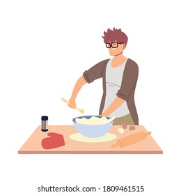 young man cook preparing a cake vector illustration design