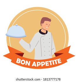 young man cook with tray vector illustration design