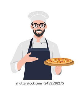 Young man cook wearing hat and chef uniform hold plate of delicious pizza. Flat vector illustration isolated on white background