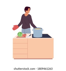 young man cooked a delicious soup in the kitchen vector illustration design