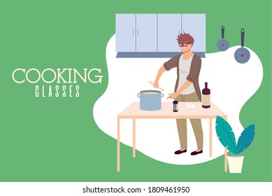 junger Mann kochte eine köstliche Suppe in den Kochklassen Vektorgrafik Design