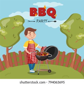 Young man cooking barbecue on the backyard, BBQ party vector Illustration with flaming grill,