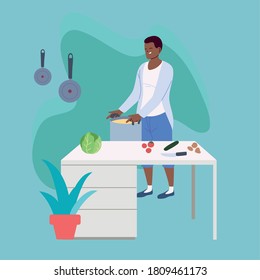 Young Man Cooking A Delicious Soup In The Kitchen Vector Illustration Design