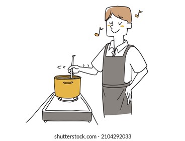 A young man cooking happily, a warm hand-drawn figure illustration, a vector on a white background