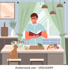 A young man is cooking in the kitchen according to the recipe book. Morning routine concept. The cat looks at the person. Male character preparing healthy salad for breakfast vector illustration