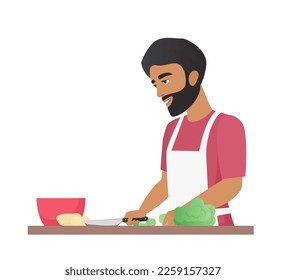 Young man cooking in kitchen. Culinary hobby, food blogger vector cartoon illustration