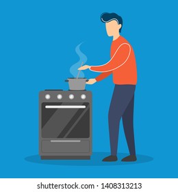 Young man cooking in the kitchen. Guy standing at the stoveand preparing dinner or lunch. Domestic housework. Isolated flat vector illustration