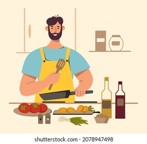 Young man cooking in the kitchen. Preparing meals at home. Flat vector illustration.