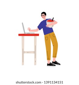 Young Man Cooking in Kitchen Using Laptop Computer Vector Illustration