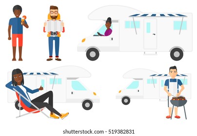 Young man cooking meat on barbecue grill on the background of camper van. Man travelling by camper van and having barbecue party. Set of vector flat design illustrations isolated on white background.
