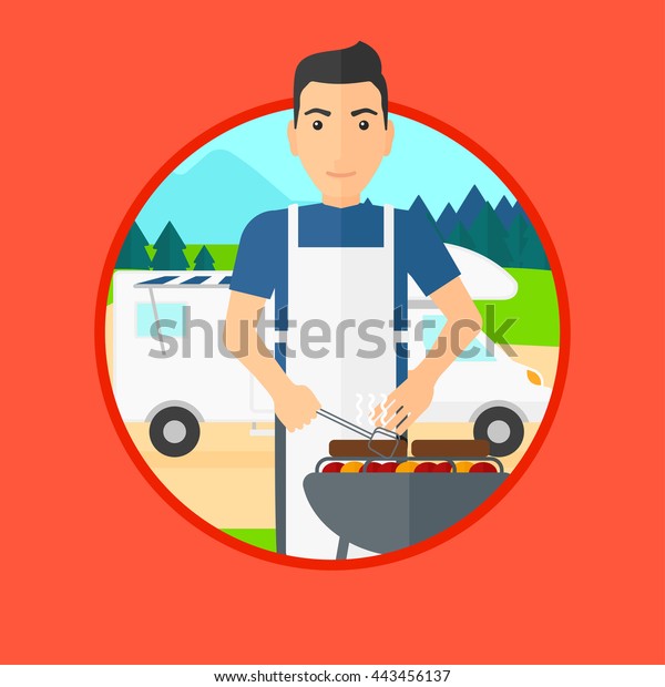 Young man cooking meat on barbecue on the\
background of camper van. Vector flat design illustration in the\
circle isolated on\
background.