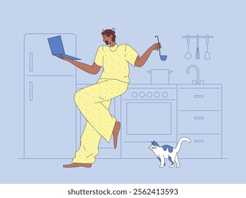 Young Man Cooking in Pajamas with Pet and Watching Recipe on Laptop.Kitchen Appliances, Cat. Food Preparation, Home Comfort, Peaceful Lifestyle Concept. Cartoon Style Isolated Vector Illustration