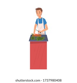Junge Mann Kochsalat in der Küche, Haushaltstätigkeit, Haushaltsführung, Alltagsgebühren und Chores Cartoon Vector Illustration
