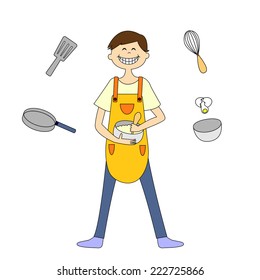 A young man cooking, several cooking tools, vector illustration