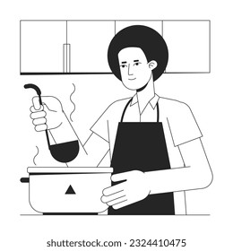 Young man cooking soup bw concept vector spot illustration. Food preparation 2D cartoon flat line monochromatic character for web UI design. Kitchen appliance editable isolated outline hero image