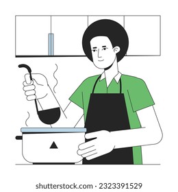 Young man cooking soup flat line concept vector spot illustration. Food preparation 2D cartoon outline character on white for web UI design. Kitchen appliance editable isolated colorful hero image