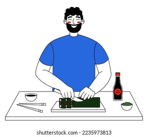 Young man cooking sushi isolated on white background.