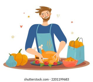 A young man cooks a turkey. Thanksgiving dinner. Blogger guy or video blogger, chef vector illustration of live broadcasting channel on the internet. Design for postcards, posters, flyers, websites