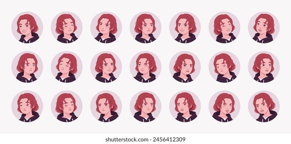 Young man, cool long hairstyle of ruby wine dye color male avatar portrait set, cute bundle. Feelings, strong emotions face icons, player character mood pic circles, impression. Vector illustration