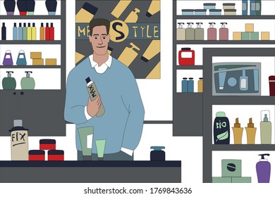 A young man in a cosmetics store