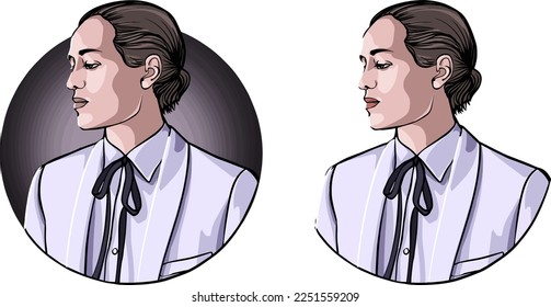 Young man in costume portrait. Girl's friend with pigtails. Vector color illustration. Party invitation