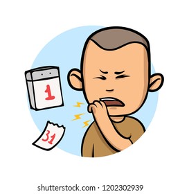 Young man coughing with fist in front of mouth. Long time sickness. Cartoon design icon. Colorful flat vector illustration. Isolated on white background.