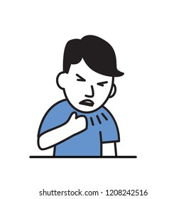 Young man coughing with fist in front of mouth. Flat design icon. Colorful flat vector illustration. Isolated on white background.