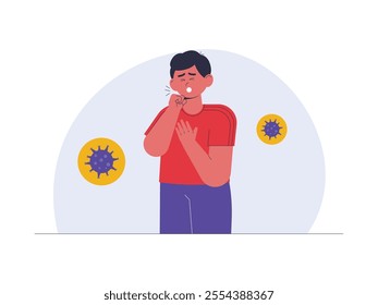 Young man is coughing and holding his chest, there are viruses around him indicating that he is infected, his facial expression shows discomfort, vector illustration of health problem.