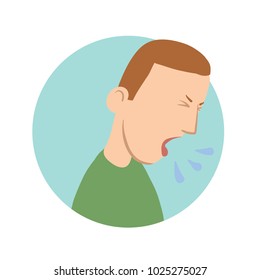 Young man coughing, sickness icon. Vector flat illustration, isolated on white background.