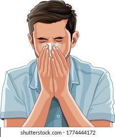 Young man coughing , sneezing with cold, flu, infection, allergy