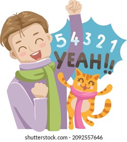 Young man counting down New Years with a cat