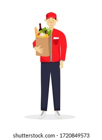 Young man, courier delivers grocery products in a paper bag from the supermaket. Online food ordering concept, onlne shopping and payment. Vector illustration