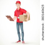 Young man courier delivery services of holding a large box and the plate with a shuttle sheet isolated on white background