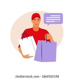 Young man courier delivery services of holding a large paper bags. Isolated on white background. Vector. Flat
