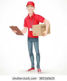 Young man courier delivery services of holding a large box and the plate with a shuttle sheet isolated on white background