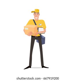 Young man courier from delivery services in a uniform holding a box and the plate with a shuttle sheet isolated on white background