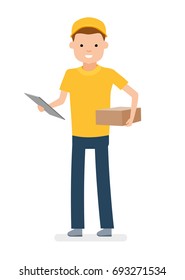 Young man courier with parcel in hand. Isolated against white background. Vector illustration in a flat cartoon style